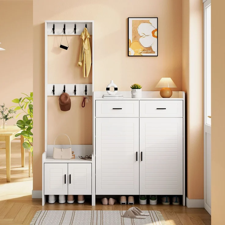 Faumrta Garderoben- und Schuhschrank-Set für den Eingangsbereich mit 2 Schubladen, 2 Schranktüren, 6 Ablagen und 8 Haken. Ideal für Flur und Eingangsbereich. Farbe: Weiß,125*36*165CM125CM*32CM*165CMWeißMDF (Medium-Density-Faserplatte) – Bild 2