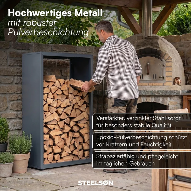 STEELSØN 'Keid' Kaminholzregal 140x90x42,5 cm, Brennholz Regal für innen/außen, rostfrei & wetterfest, stabil aus Metall, anthrazit – Bild 6