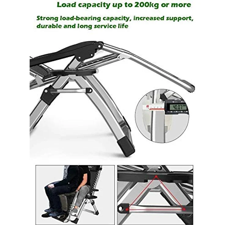 DQCHAIR Sonnenliege Klappbar, Liegestuhl, Extra groß Gartenliege, für Patio-Garten-Strand-Pool, mit Kissen-Unterstützung 200kg (Black1) – Bild 8