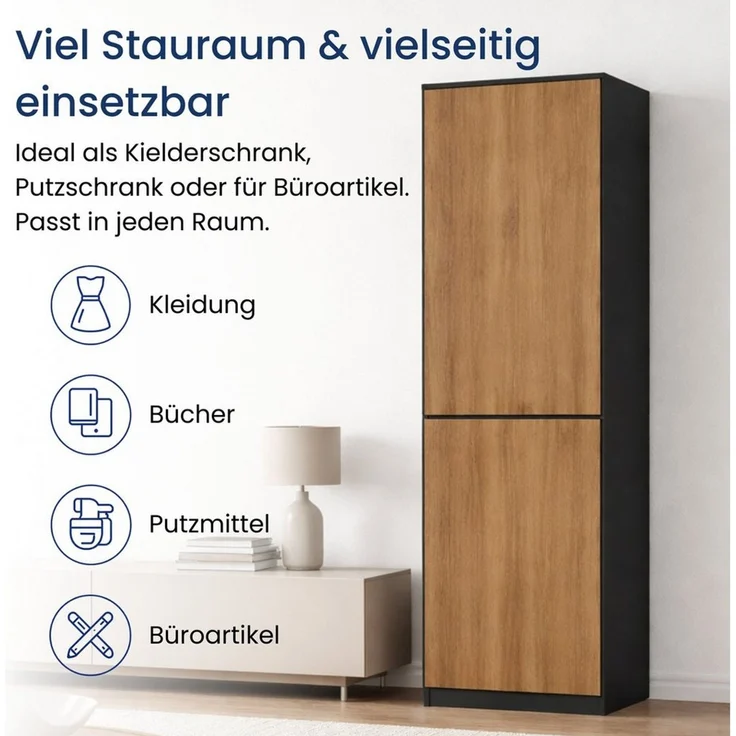 Home Collective Kleiderschrank Garderobenschrank Mehrzweckschrank Schrank platzsparend & vielseitig (50 x 40 x 180,5 cm (BxTxH), ideal für Schlafzimmer Flur & Arbeitszimmer) mit 2 Türig & 5 Einlegeböden in anthrazit-eiche – Bild 3