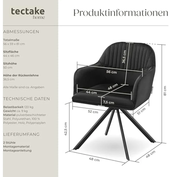 tectake Esszimmerstuhl Samt-Drehstuhl (2er Set, 2 St), gepolstert – Bild 4