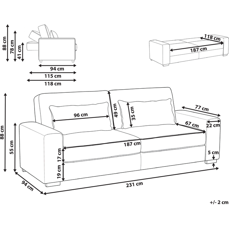 Schlafsofa 3-Sitzer AROLE Stoff Grau – Bild 2