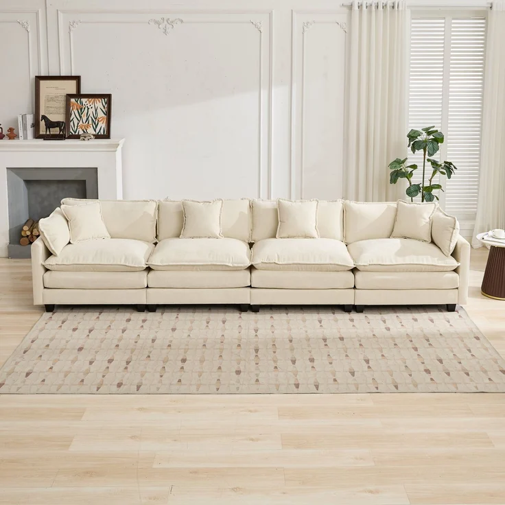 ZUBALIYA Sofa mit LED - Beleuchtung, mit Chenille - Bezug, mit Cordbezug, modular aufgebaut, aus Chenille, Beige – Bild 3