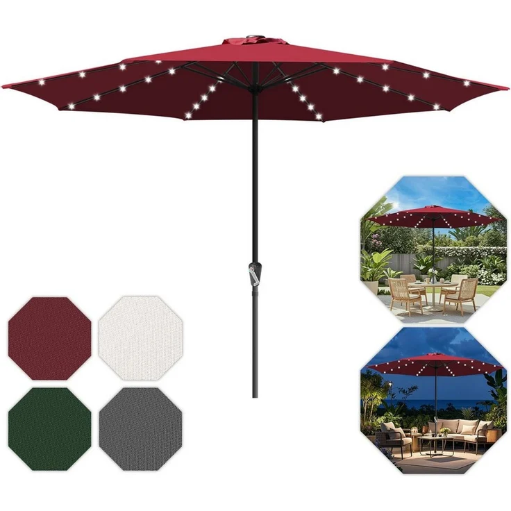 Clanmacy Sonnenschirm Sonnenschirm Rund,Kurbel,Knickbar,Eisen,LED,350cm,Rot – Bild 1
