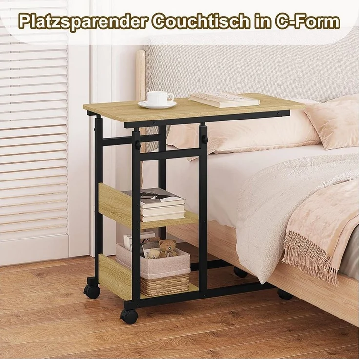 Woltu Beistelltisch, mit Rollen, C-förmig, höhenverstellbar, aus Metall Holzwerkstoff – Bild 3