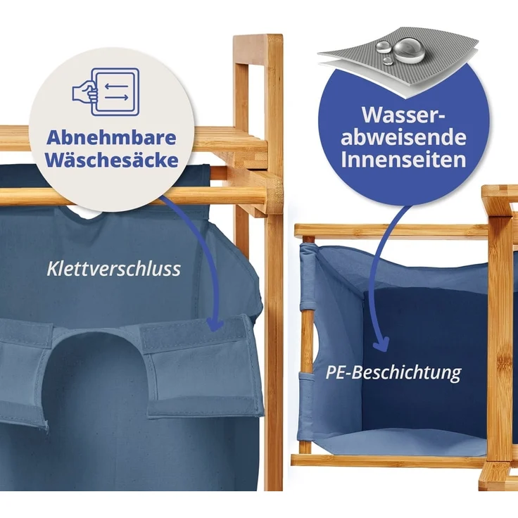 Lumaland Wäschekorb Bambus 33x33x73cm holzfarben/blau Wäschesack ausziehbar – Bild 4