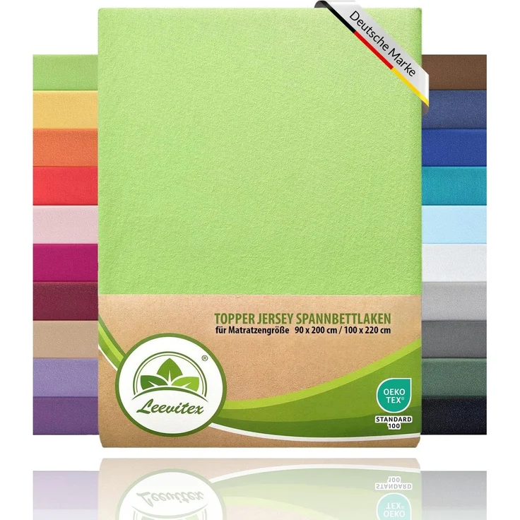 leevitex® Spannbettlaken, Premium 170g/m², Gummizug: rundum, schwer und dick, 100% Jersey-Baumwolle, Apfelgrün / Hellgrün, Topper | 140 x 200 - 160 x 220 cm