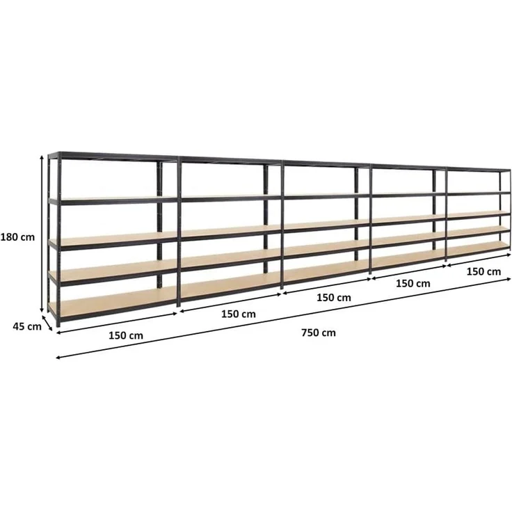 PROREGAL Mega Deal 5er-Set Schwerlastregale Giant Elephant 180 x 150 x 45 cm mit 5 Ebenen Fachlast 200kg Schwarz, Kellerregal, Steckregal, Garagenregal, Lagerregal – Bild 2