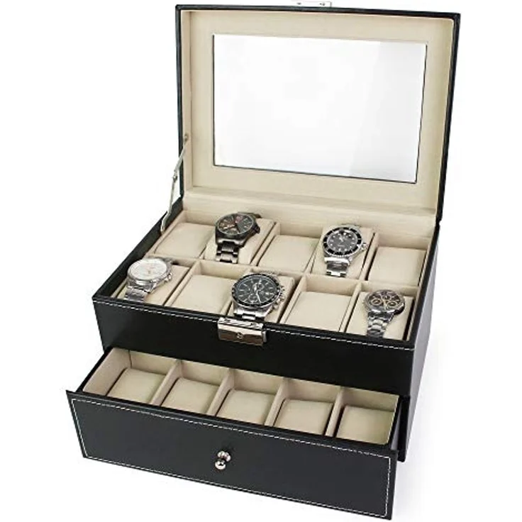 Todeco - Uhrbox, Uhr und Armband Aufbewahrung - Material der Box: MDF - Kissenmaterial: Samt - 20 Uhren mit Schublade und Display, Schwarz/Beige – Bild 7
