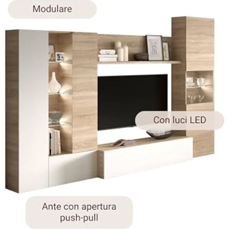 Dmora - Wohnzimmermöbel Raleigh, modulares TV-Ständer-Wohnzimmerelement, Wohnzimmerkomposition mit Wandelementen und Vitrinen und LED-Licht, 260 x 42 x 185 cm, Eiche und Weiß – Bild 10