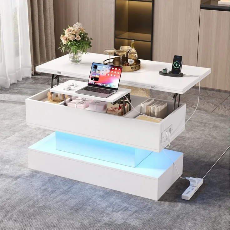 STILVORA Couchtisch mit Steckdose,anhebbarer Wohnzimmertisch Sofatisch mit LED-Licht (höhenverstellbar Sofatisch, Satztisch, Beistelltisch, 1-St, 100*50*51.5cm), mit LED, Steckdose, USB-C und USB-Ladebuchse