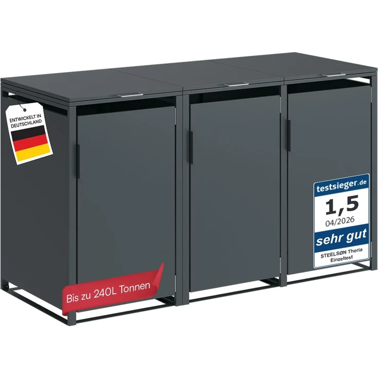 STEELSØN 'Thoria' Mülltonnenbox 3er je 240 Liter, anthrazit, Mülltonnenverkleidung aus Stahl, wetterfest, 116x80x203 cm, Müllbox für 3 Tonnen – Bild 1