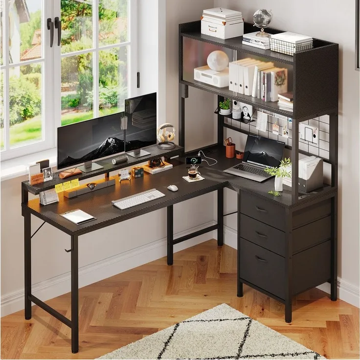 HOMALL Schreibtisch L-förmiger Gamingtisch mit Regal, LED-Leuchten, Steckdose & Schubladen (Maße: 115 cm, mit Vitrine, 4 Stoffschubladen und Haken, links oder rechts montierbar)