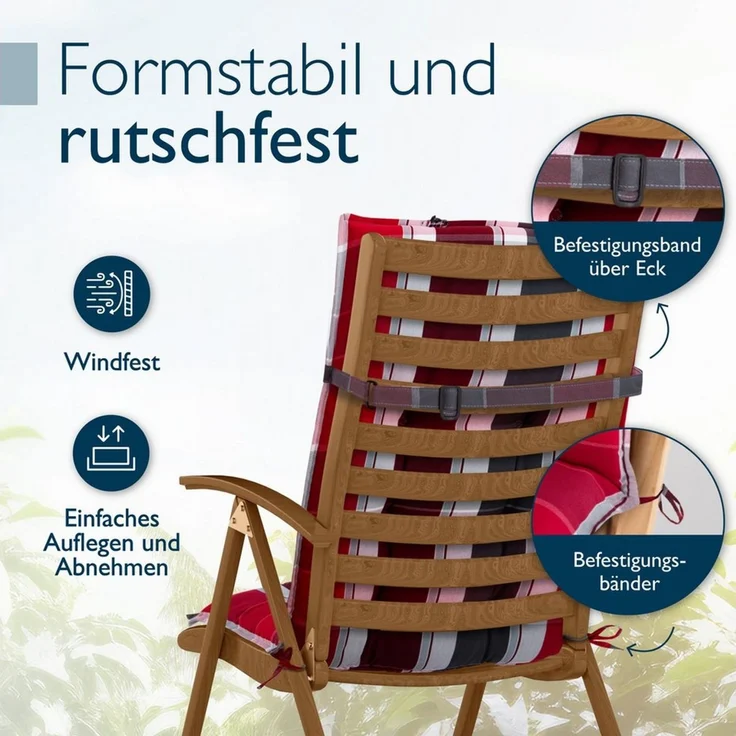 Beautissu Hochlehnerauflage 6er Set Sun-HL Hochlehner Auflage 120x50x8cm Rot-Anthrazit-Gestreift, Mit Kopfpolster, rutschfest & robust – Befestigungsbänder, UV 5 – Bild 2