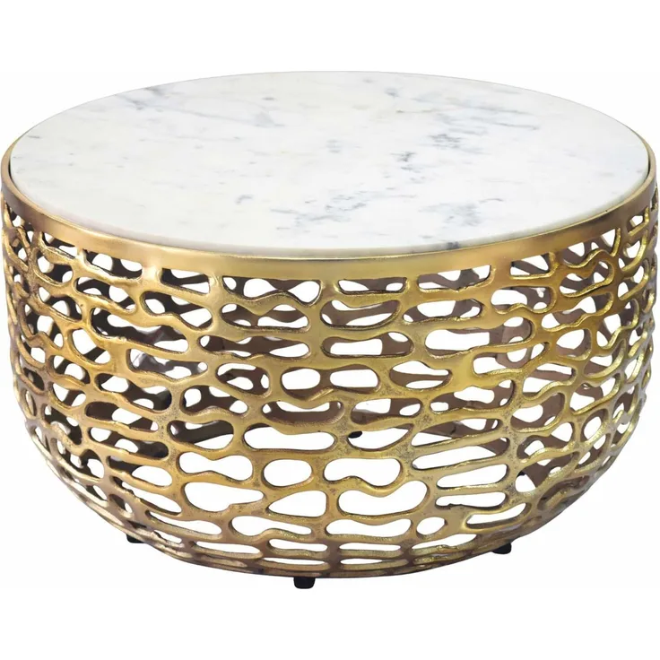 Design Metall Couchtisch Gold mit weißer Marmor Tischplatte 60 cm rund - Aluminium Wohnzimmertisch Modern - Loungetisch Alu Beistelltisch Wohnzimmer Handmade