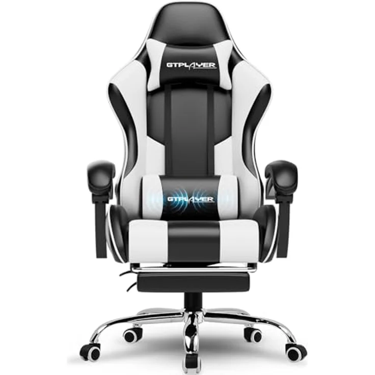 GTPLAYER Gaming Stuhl Bürostuhl Massage Gaming Sessel Ergonomischer Gamer Stuhl mit Fußstütze, Kopfstütze Massage-Lendenkissen, Gepolstert Gaming Chair, Drehsessel, weiß – Bild 2
