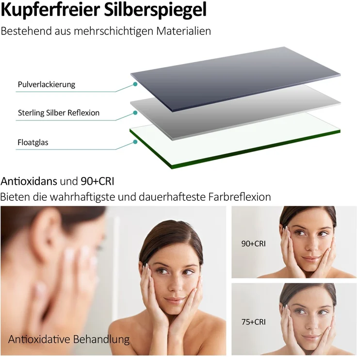 EMKE Badspiegel mit Beleuchtung, 60x50cm, Kaltweißes/Warmweißes Licht, Knopfschalter, Beschlagfrei, Speicherfunktion – Bild 4