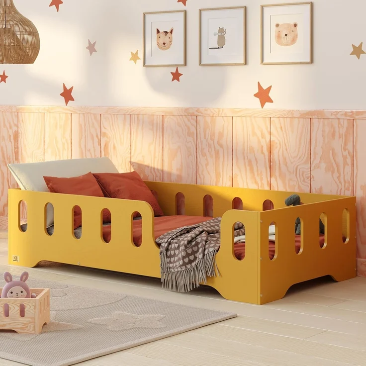 smartwood Kinderbett Bodenbett 60x120 mit Rausfallschutz & Lattenrost - Senfgelb - Kinder Montessori Bett TILA 2P mit glatten Kanten - Betten für schnelle Montage - Bis 230 kg belastbar – Bild 1