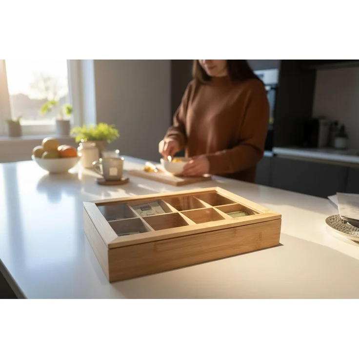 LS-LebenStil Teebox Holz Aufbewahrungsbox Teebox 8 Fächer mit Deckel Teekiste Schmuckkiste, Bambus, (Nachhaltiger Organizer - durchsichtiger Glasdeckel, 1-tlg, Holzkiste Schmuckkiste Schmuckkasten Schmuckkästchen), Aufbewahrung für Teebeutel, Tee, Schmuck – Bild 5