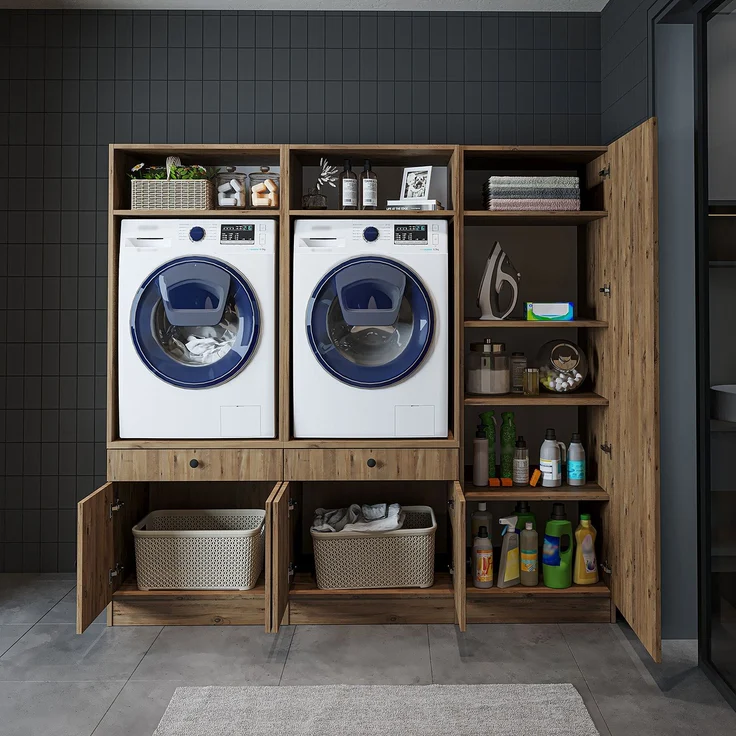 Roomart Schrankwand für Waschküche & Hauswirtschaftsraum - SERIE 1 - 194 cm breit, mit Ausziehbrett & Stauraum, Waschmaschinen-Schrankkombination • Eiche – Bild 3