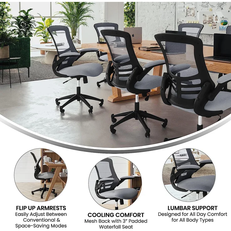 Flash Furniture Bürostuhl mit mittelhoher Rückenlehne – Ergonomischer Schreibtischstuhl mit hochklappbaren Armlehnen und Netzstoff – Perfekt für Home Office oder Büro – Dunkelgrau – Bild 4