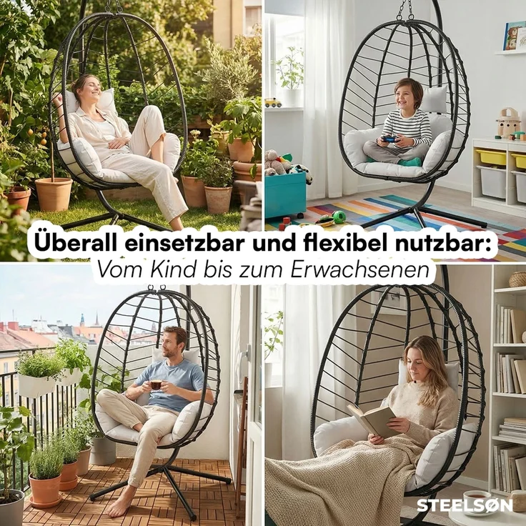 STEELSØN 'Alarian' Hängesessel mit Metallgestell, höhenverstellbar und faltbar, wetterfest, Polyrattan, hellgrau/schwarz, bis 150 kg belastbar, inkl. Kissen – Bild 8
