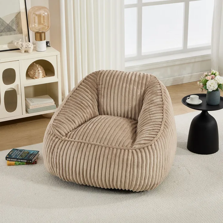 Bean Bag Stuhl mit Memory-Schaumstofffüllung, gestreifter Blasen-Plüsch, flauschig, gemütlich, gemütlicher Sofa für Wohnzimmer, Wohnungen und Schlafsäle--Kamelbraun--98x92x73cm--YOUDENOVA