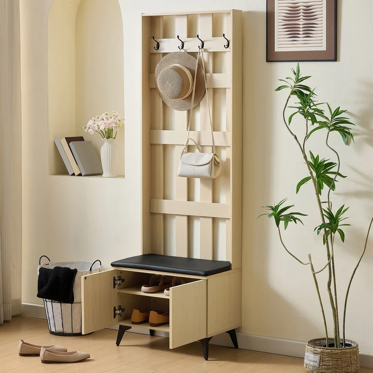 Garderobe mit Sitzbank, B 60 x T 35 x H 179,5 cm, MDF in heller Holzoptik und schwarzen Stahlbeinen – Bild 1