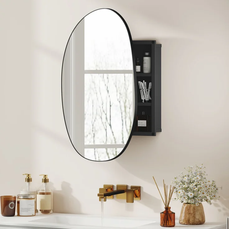 Badezimmerspiegel mit Stauraum und 3 Einlegeböden, aus Aluminium und Metall, 61 x 12 x 79 cm, schwarz – Bild 3