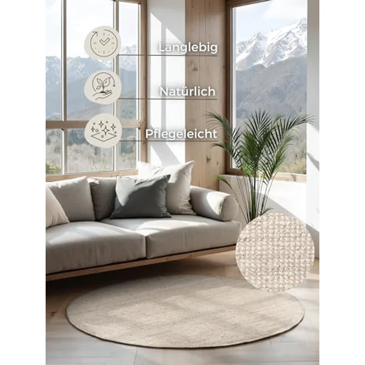 Hanse Home Jaipur Juteteppich - Natur Wohnzimmerteppich aus 100% Jute, Handgewebt & Natürlich - Robust & Pflegeleicht - Boho Naturfaser Jute Teppich für Wohnzimmer, Schlafzimmer - Weiß, Ø 160 cm – Bild 3
