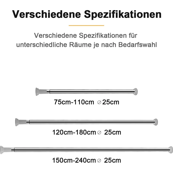 Eikuavons Edelstahl Duschvorhangstange 110-200 cm, Teleskopstange Klemmstange ohne Bohren, Ø25 mm,Edelstahl,Weiß – Bild 4