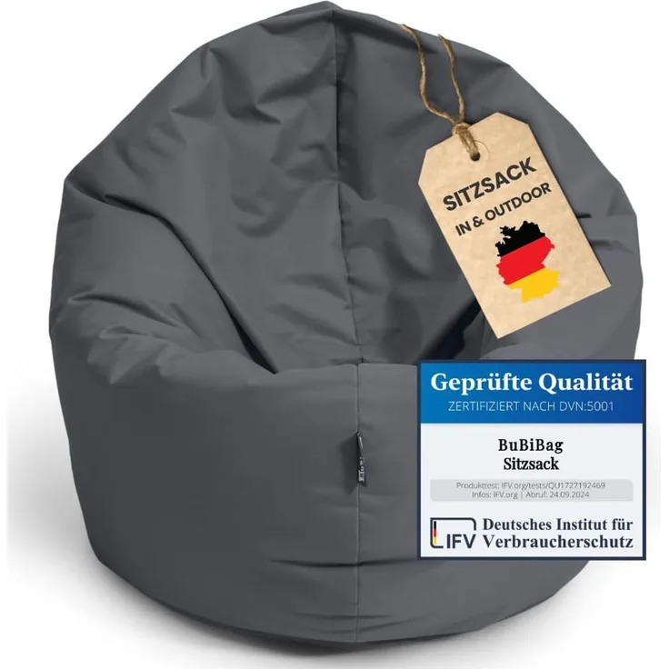BubiBag Sitzsack für Erwachsene -Indoor Outdoor XL Sitzsäcke, Sitzkissen oder als Gaming Sitzsack, geliefert mit Füllung (125 cm Durchmesser, anthrazit)