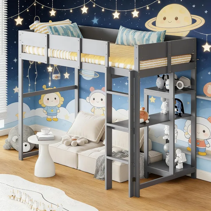 Ball & Cast Loft Bed (90x200 cm) mit Lagerregal, Holzerner Bettgestell mit Leiter und Geländer, Einfach und Zeitsparend Montierbar, Stabil & Rauschlos, Grau