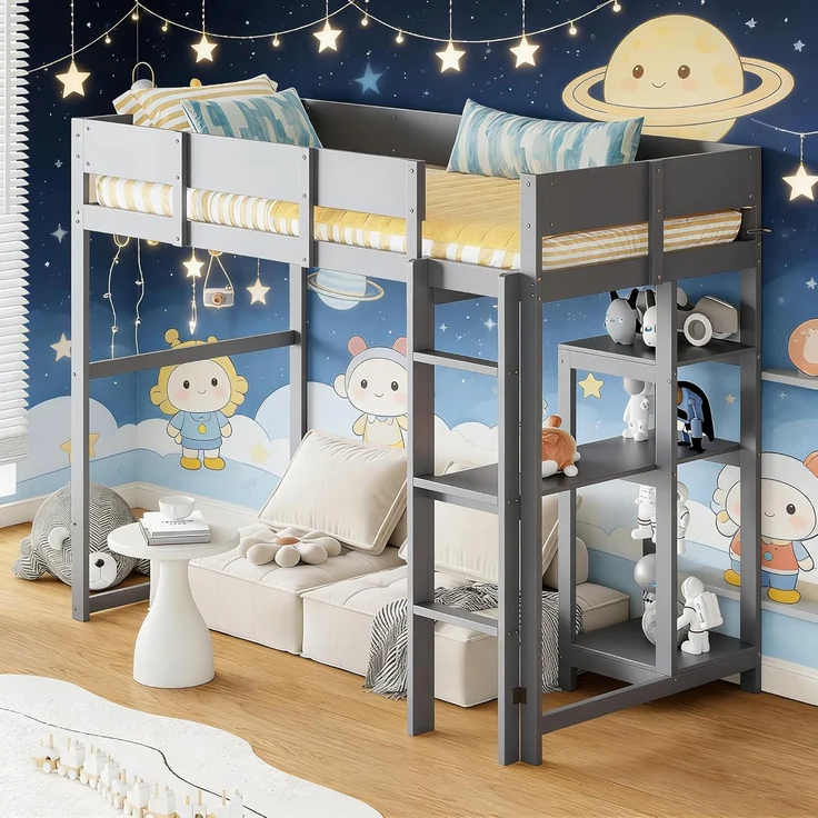 Ball & Cast Loft Bed (90x200 cm) mit Lagerregal, Holzerner Bettgestell mit Leiter und Geländer, Einfach und Zeitsparend Montierbar, Stabil & Rauschlos, Grau