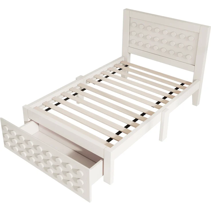 Holzbett 90x200 cm mit Lattenrost & Schublade, 95x210x90 cm, Weiß, ohne Matratze – Bild 10
