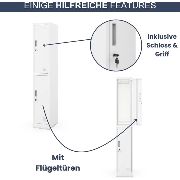 Umkleideschrank Spind TOKIO - 2 Abteile, Etikettenhalter Lüftungsschlitze | Umkleidespind Schließfachschrank Garderobenspind, 185 x 31,7 x 45 cm Weiß – Bild 5