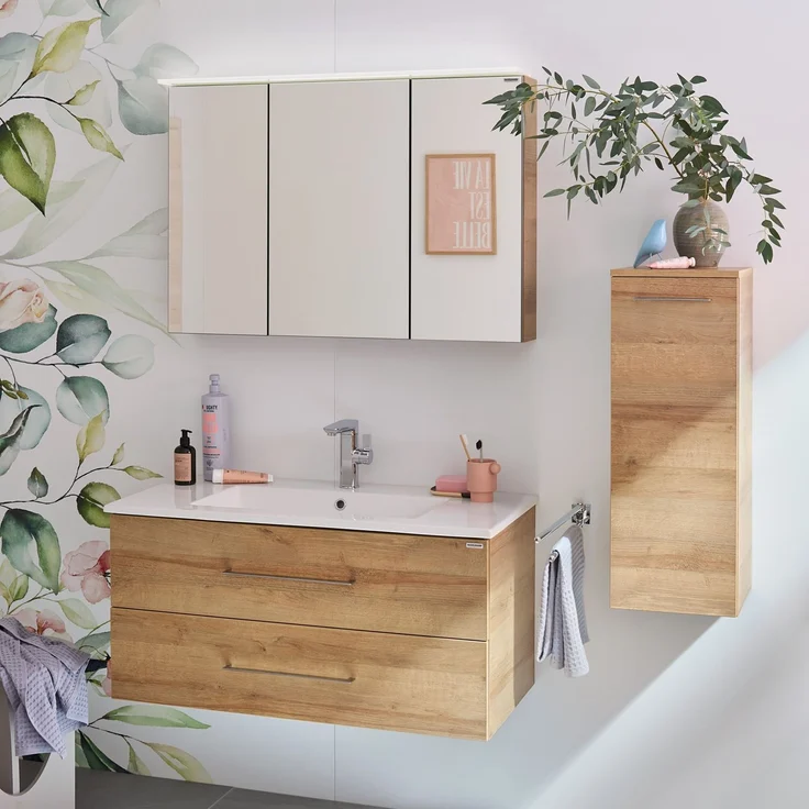 FACKELMANN B.PERFEKT Badmöbel Set 4-teilig 103 cm breit, Braun hell, Waschbecken Keramik Weiß + LED Spiegelschrank + Midischrank – Bild 2