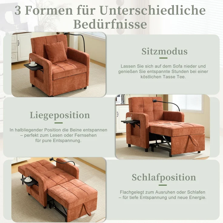 LVHOM Multifunktionaler Schlafsessel mit klappbarer Ablage, Ausziehbares 1-Sitzer Schlafsofa mit Handyhalter und Seitentaschen, Loungesessel, Orange – Bild 9