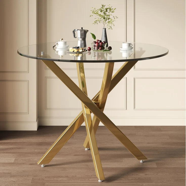 Runder Tisch 80 cm – Glasplatte und goldfarbenes Metallgestell mit Kreuzdesign – Bild 2