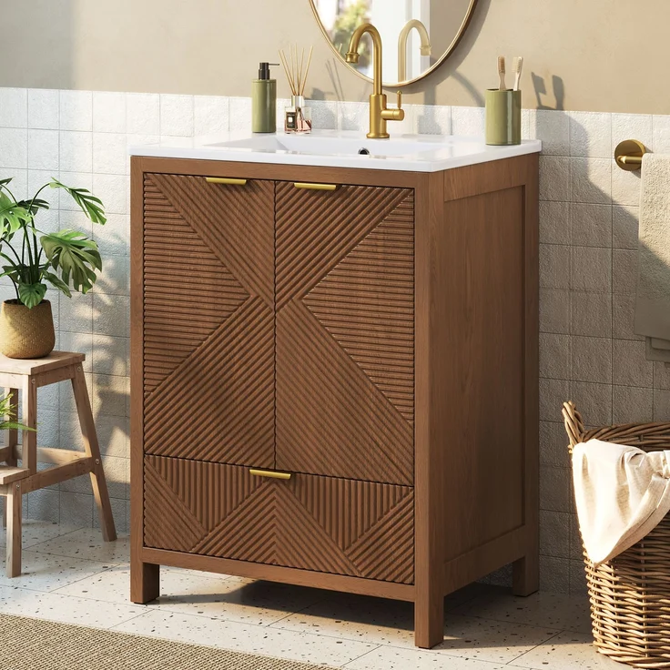 Freistehender Badschrank mit Keramikwaschbecken, B 61 x T 47 x H 87 cm, MDF in Walnussoptik – Bild 3