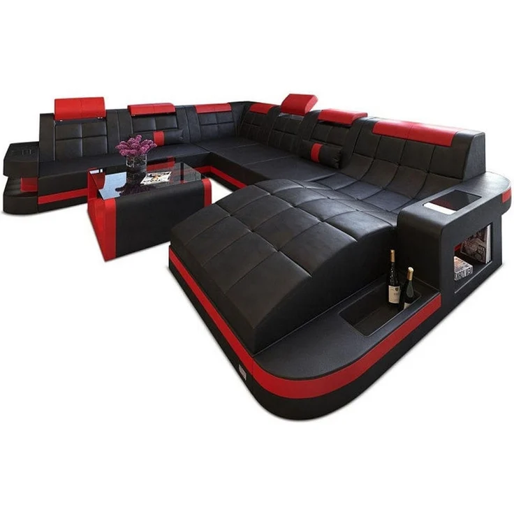 Design Wohnlandschaft Wave XL mit LED - Echtleder - schwarz-rot - Rechts – Bild 1