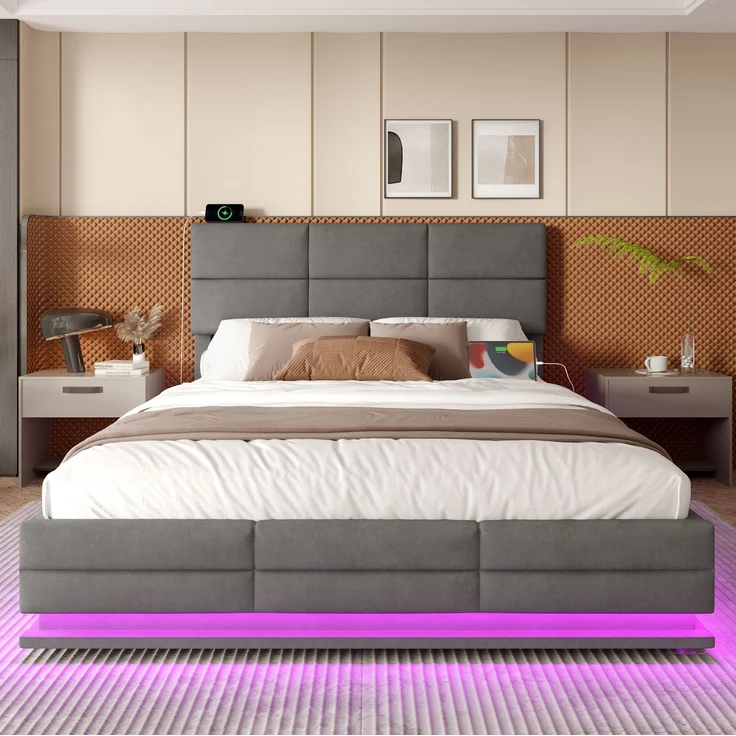 Boxspringbett Samt Grau Höhenverstellbar 160x200 cm mit LED Beleuchtung USB Anschluss Hydraulik Stauraum Kopfteil Doppelbett – Bild 3
