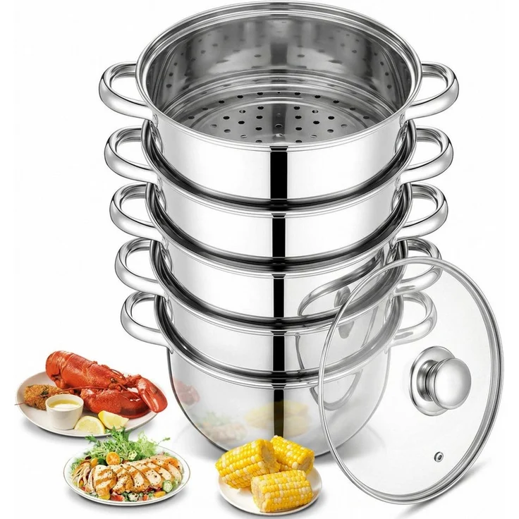 FOHERE Dampfgartopf Dampftopf Edelstahl Ø 26 cm, aus Edelstahl 18/10, für Alle Herdarten, Edelstahl (Set, auch Induktion), 5 In 1 mit Dampfeinsatz und Glasdeckel – Bild 1