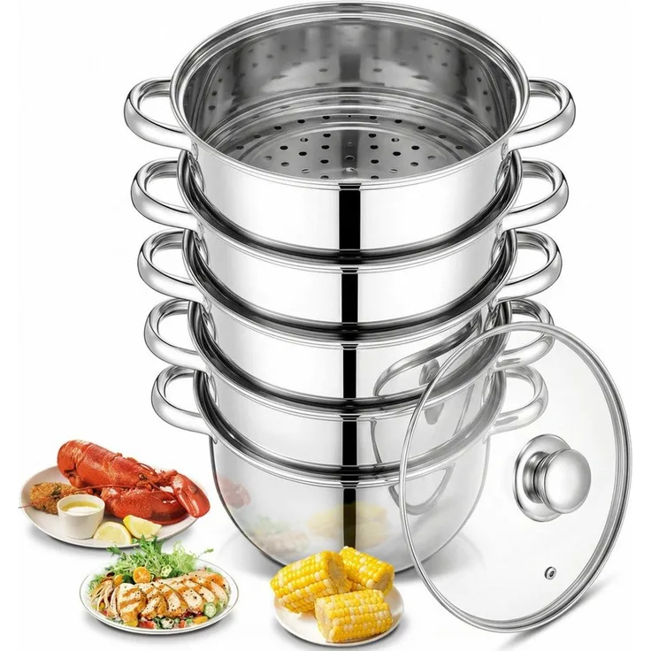 FOHERE Dampfgartopf Dampftopf Edelstahl Ø 26 cm, aus Edelstahl 18/10, für Alle Herdarten, Edelstahl (Set, auch Induktion), 5 In 1 mit Dampfeinsatz und Glasdeckel