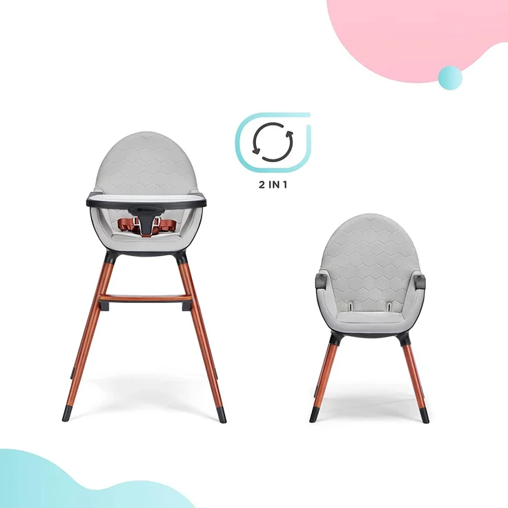 kk Kinderkraft FINIX Hochstuhl Baby ab 6 Monate bis 5 Jahre, Kinderhochstuhl 2in1 für ältere Kinder, Beine aus Holz, Verstellbare Rückenlehne Tablett Fußstütze, Stilvolles Design, Grau – Bild 2