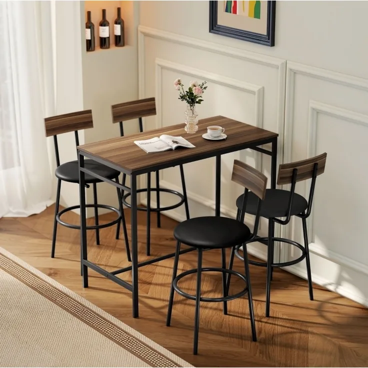 Bartisch-Set 110 x 55 x 90 cm mit 4 Barhockern – platzsparend, braune Holzoptik und schwarzer Stahlrahmen