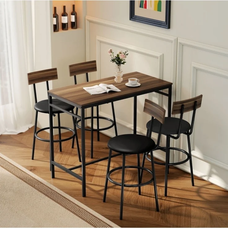 Bartisch-Set 110 x 55 x 90 cm mit 4 Barhockern – platzsparend, braune Holzoptik und schwarzer Stahlrahmen – Bild 1