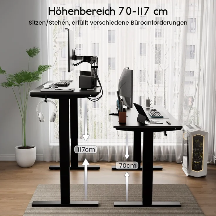 HOMAVO höhenverstellbarer Schreibtisch 60×140 cm, mit Memory- und Anti-Kollisionsfunktion, Höhe 70–117 cm, Schwarz – Bild 3