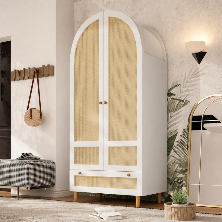 Kleiderschrank 80x50x180 cm aus Holz in Rattan-Optik, Schrank in Weiß mit Bogen-Design, Wäscheschrank mit Kleiderstange und Schublade, Garderobenschrank für Schlafzimmer, Kinderzimmer, Flur--Weiß--80x50x180cm--YOUDENOVA – Bild 10
