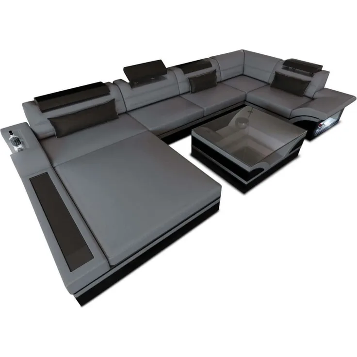 Sofa Dreams - Mini Luxus-Wohnlandschaft Mezzo mit LED-Beleuchtung - Kunstleder - Grau-Schwarz - Links
